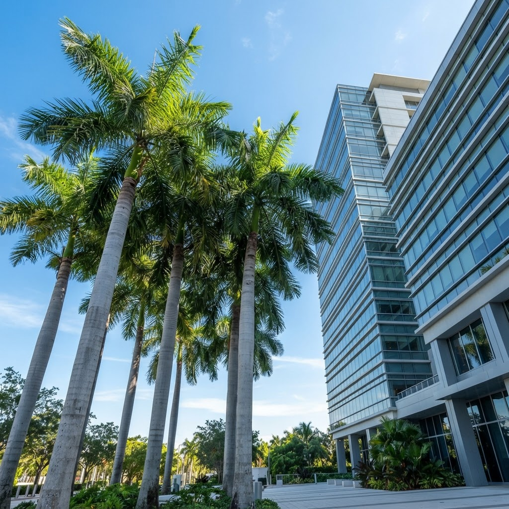 Royal palm trees beside a modern glass office building in Miami, Florida